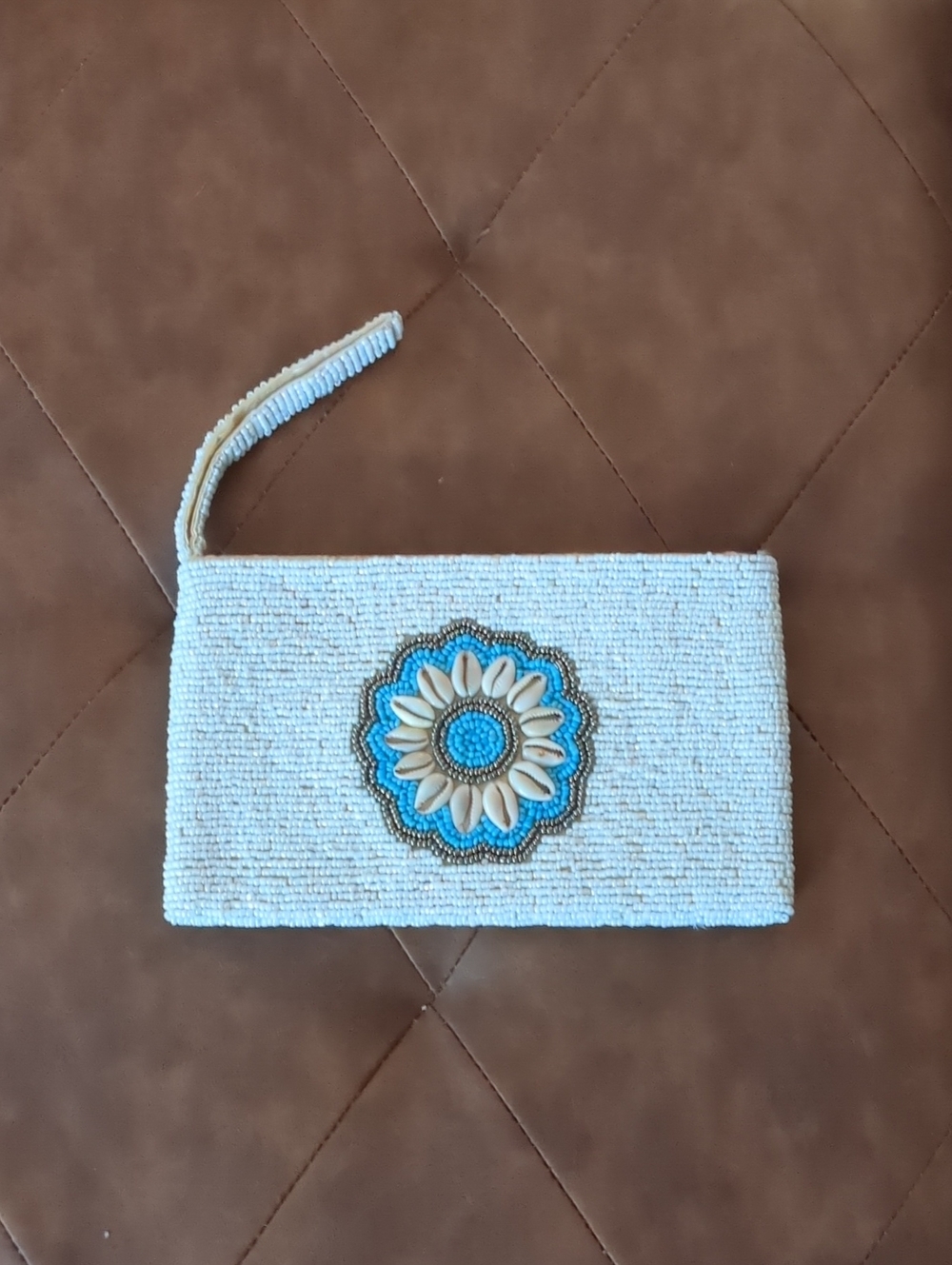 White Beaded Wristlet Clutch with Turquoise Floral Medallion